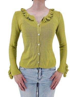 Vintage Beyond Threads Ruffle Knit Cardigan S Chartreuse Green Cotton Fairycore